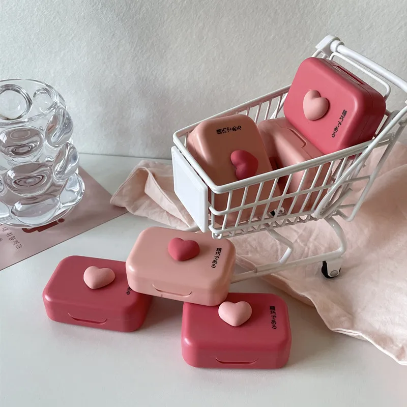 Lente de contato rosa em forma de coração para meninas, estilo Ins, compacta e portátil, dupla companheira, estojo com espelho e pinça