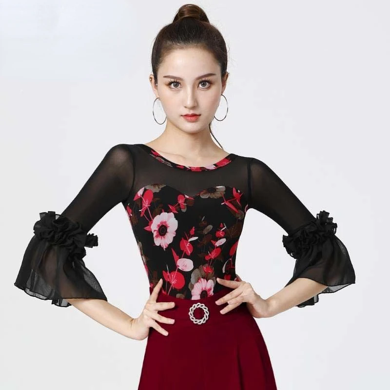 

2023 Ballroom Dance Tops Sexy Mesh Long Sleeve Dance Clothes Women Latin Salsa Rumba Chacha Dance Performance Practice Costumes