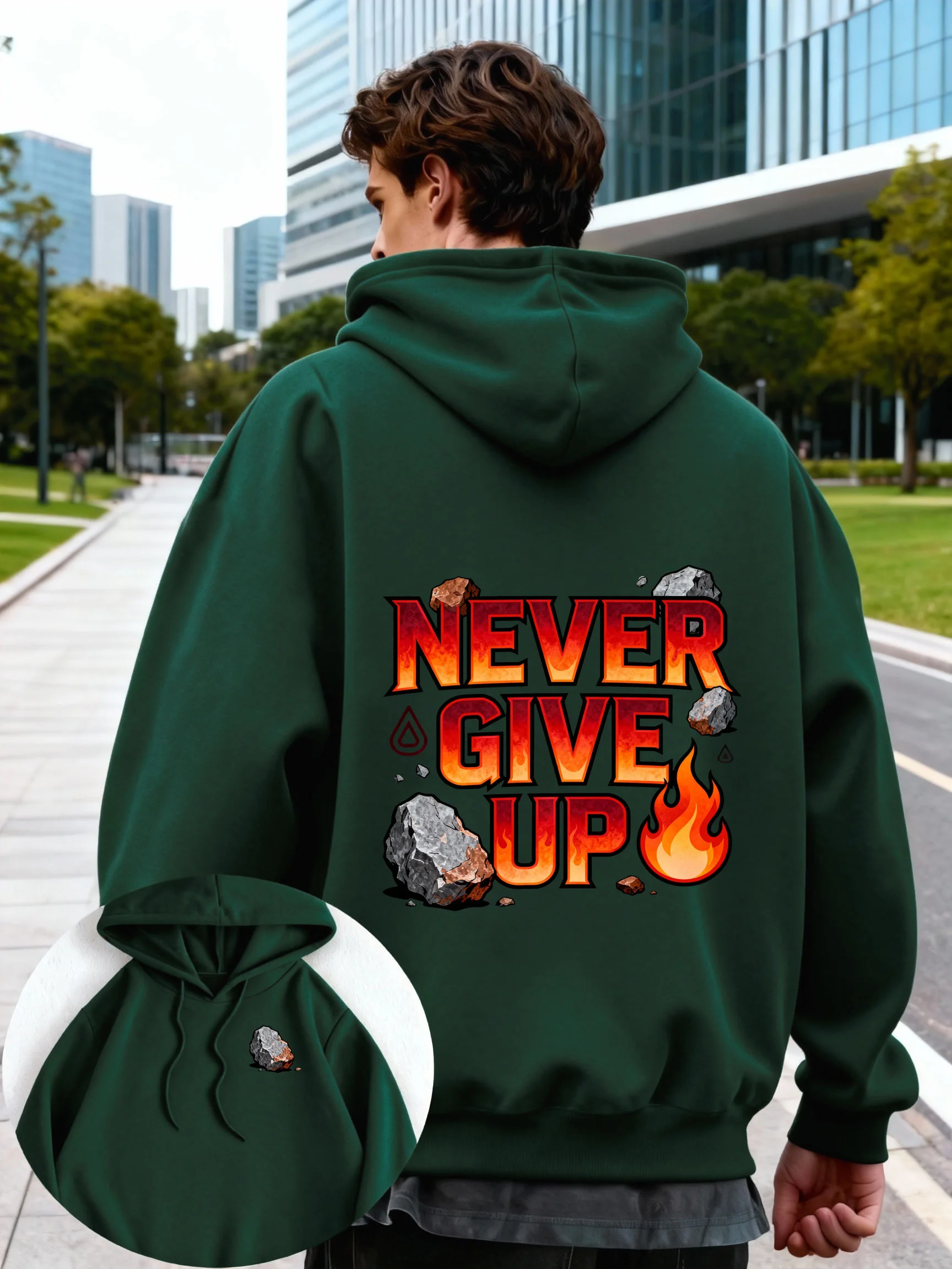 New Arrival Men Hoodie Back Never Give Up Flame Rock Motivational Graphic Print Pullover Sweatshirt Autumn Winter Casual Tops