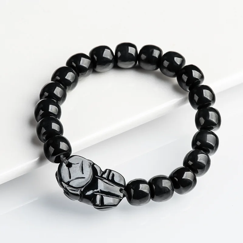 Authentic Natural Hotan Black Jade Mythical Wild Hand String Bucket Bead Leather Mound Bracelet Fashionable Men Women's Jewelry