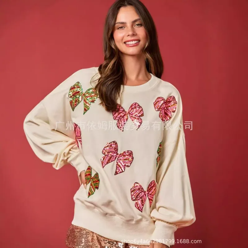 NIEUWE lente en herfst strik pailletten voor damesjurk Valentijnsdag ronde hals losse casual lange mouwen sweatshirt voor dames