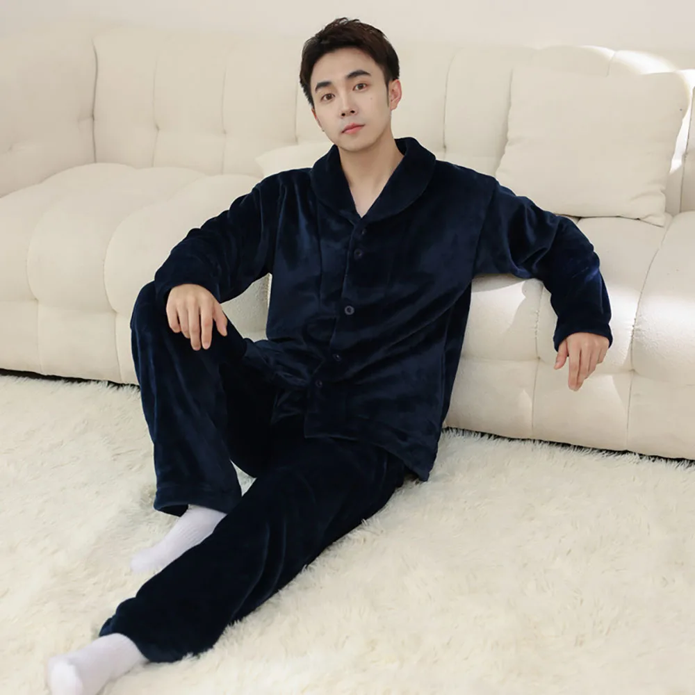 Simple Solid Flannel Home Couple Pajamas Winter Long Sleeve Trousers V-neck Coral Velvet Thick Warm Sleepwear Set For Women Men