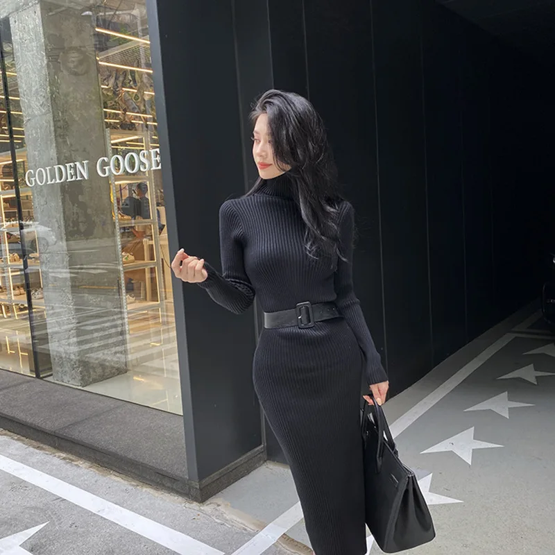 New Autumn And Winter Fashion Slim Fit Waist Belt Knitted Knee Length Bottoming Pencil Skirt Dress