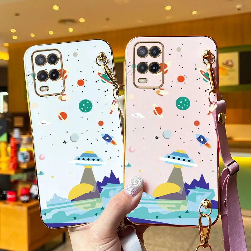 Sailing Spaceships Lanyard Plating Phone Case For Oppo A54 A53 A31 A55 A57 A76 A94 A78 A16 A95 A77 A33 A83 A74 A96 A72 F19 Cover