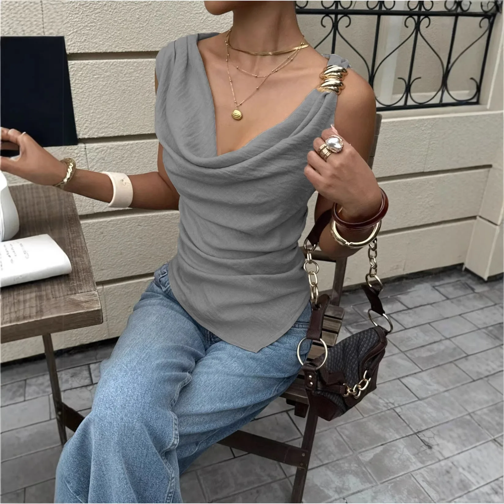 Sexy Women's Cowl Neck Sleeveless Vest 2026 Fashion Metal Ring Detail Casual Asymmetric Hem Tank Tops