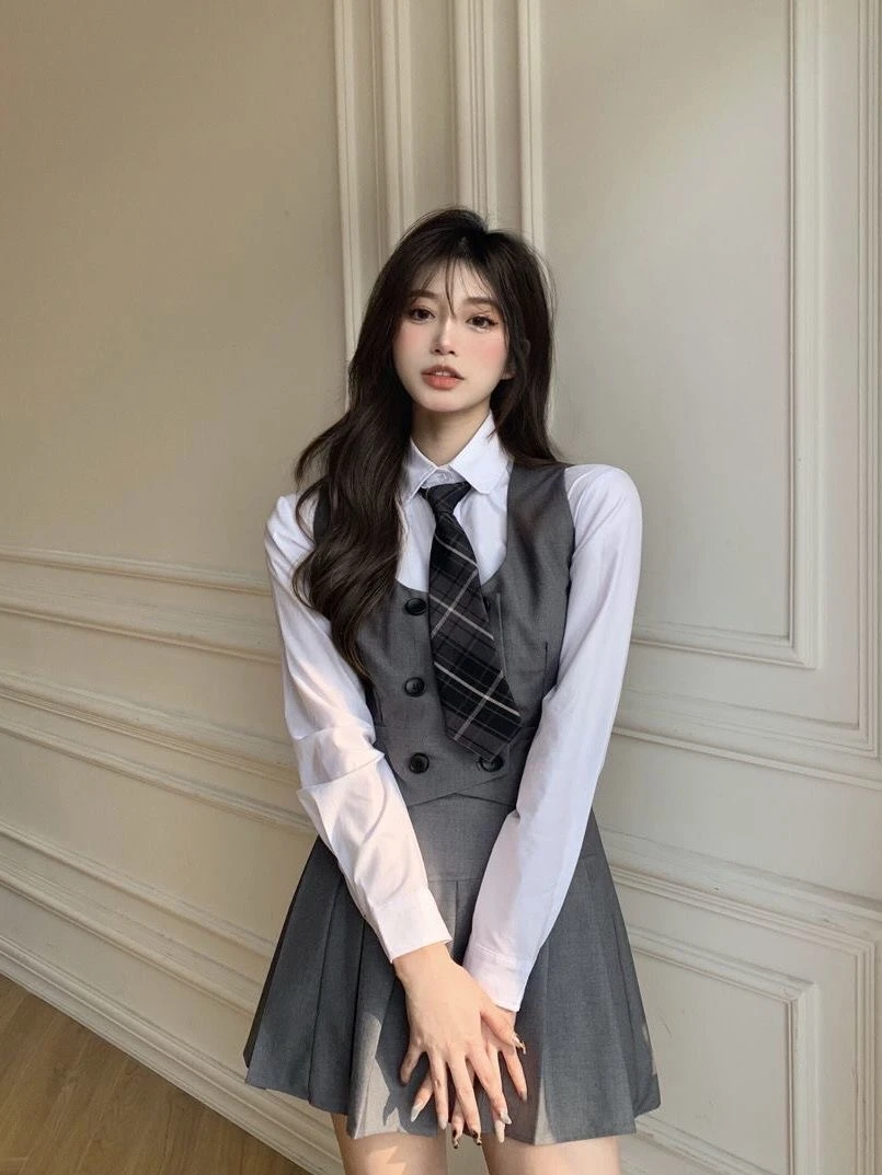 British Preppy Style School Uniform Suit Girls Student Daily JK Uniform Women Long Sleeved White Shirt Mini Pleated Skirt Summer