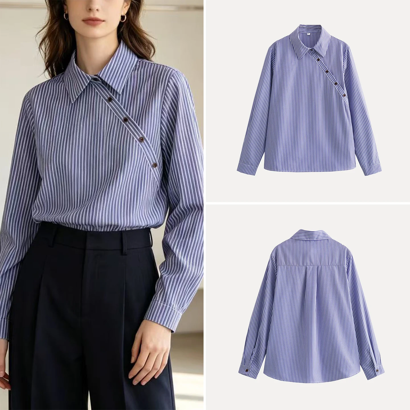 Women's Casual Loose Long Sleeve Striped Design Shirt Shoulder Bared Side Buttoned Simple Style Autumn Fashion Top