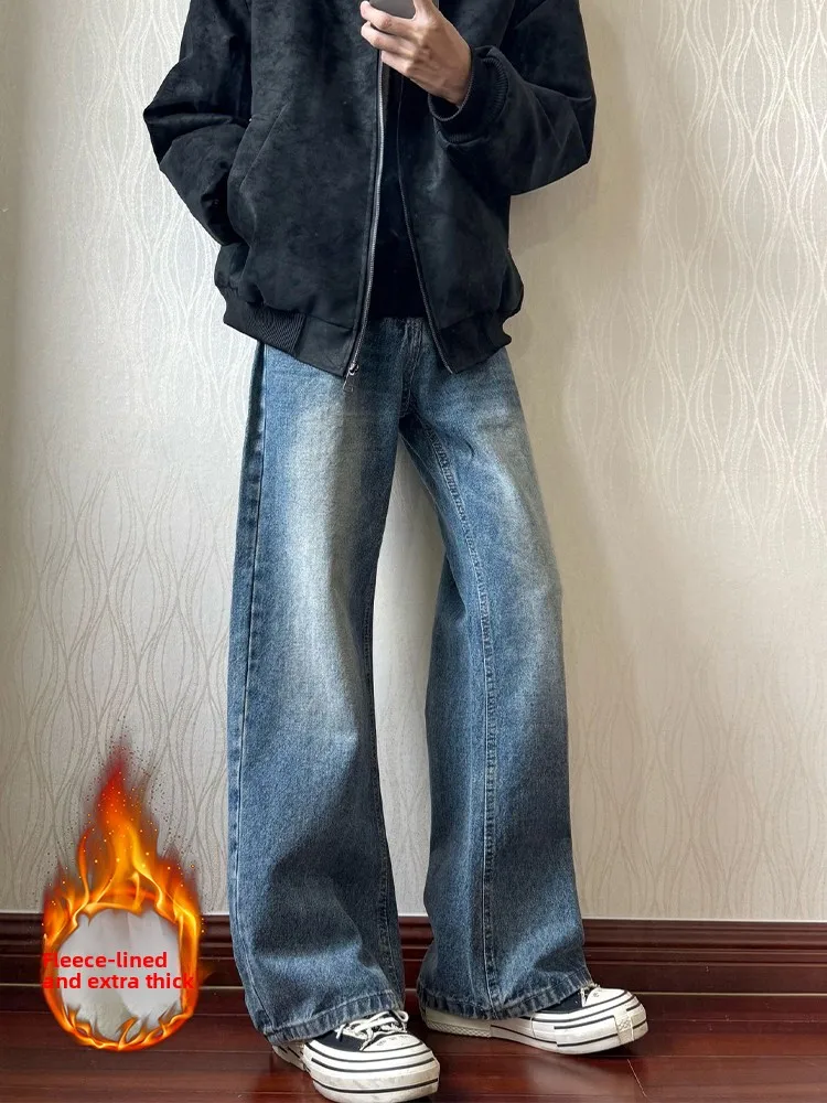 

Blue Fleece Lined Straight Leg Men's Jeans Winter Vintage American Washed Pattern Cleanfit Trousers Casual Low Waist