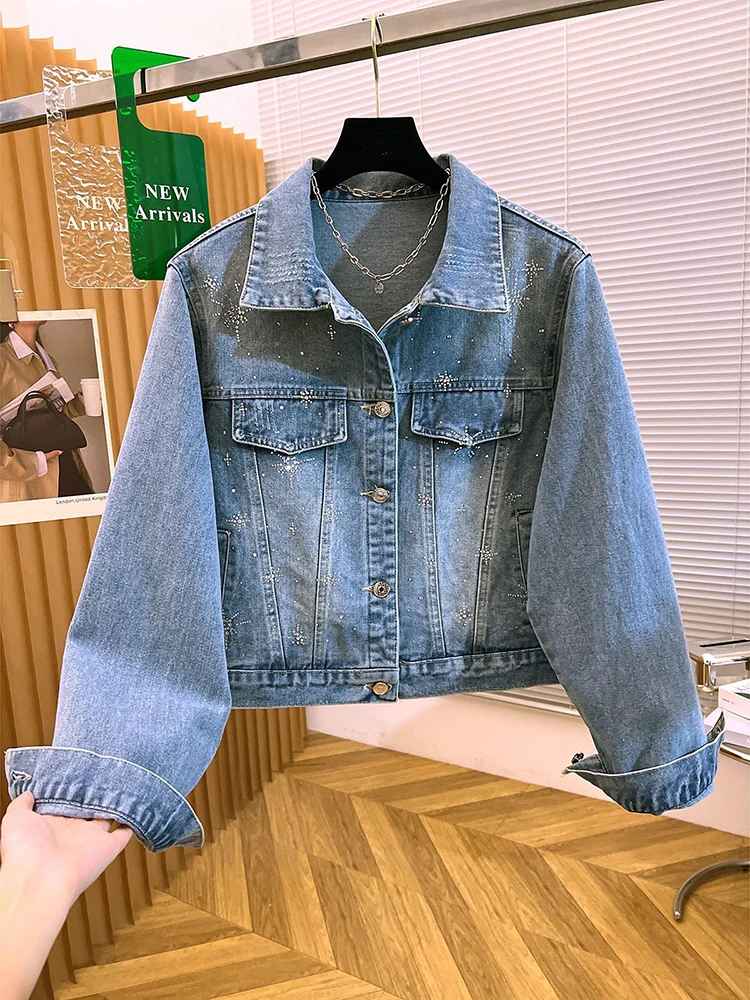 Korean Version Heavy Industry Hot Diamond Short Style Denim Jacket Women's Spring New Fashion Laple Collar Long Sleeve Jacket