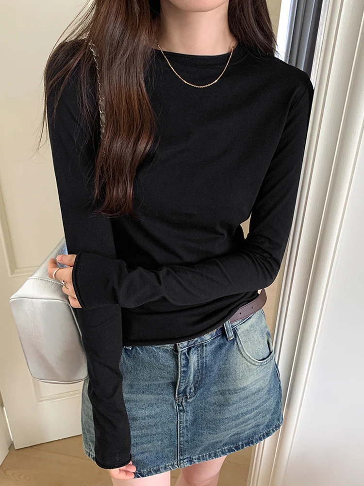 Spring Autumn T Shirt Women Tops Solid Long Sleeve Ruched O Neck Tshirts Female Korean Casual Streetwear High Quality Base Tees