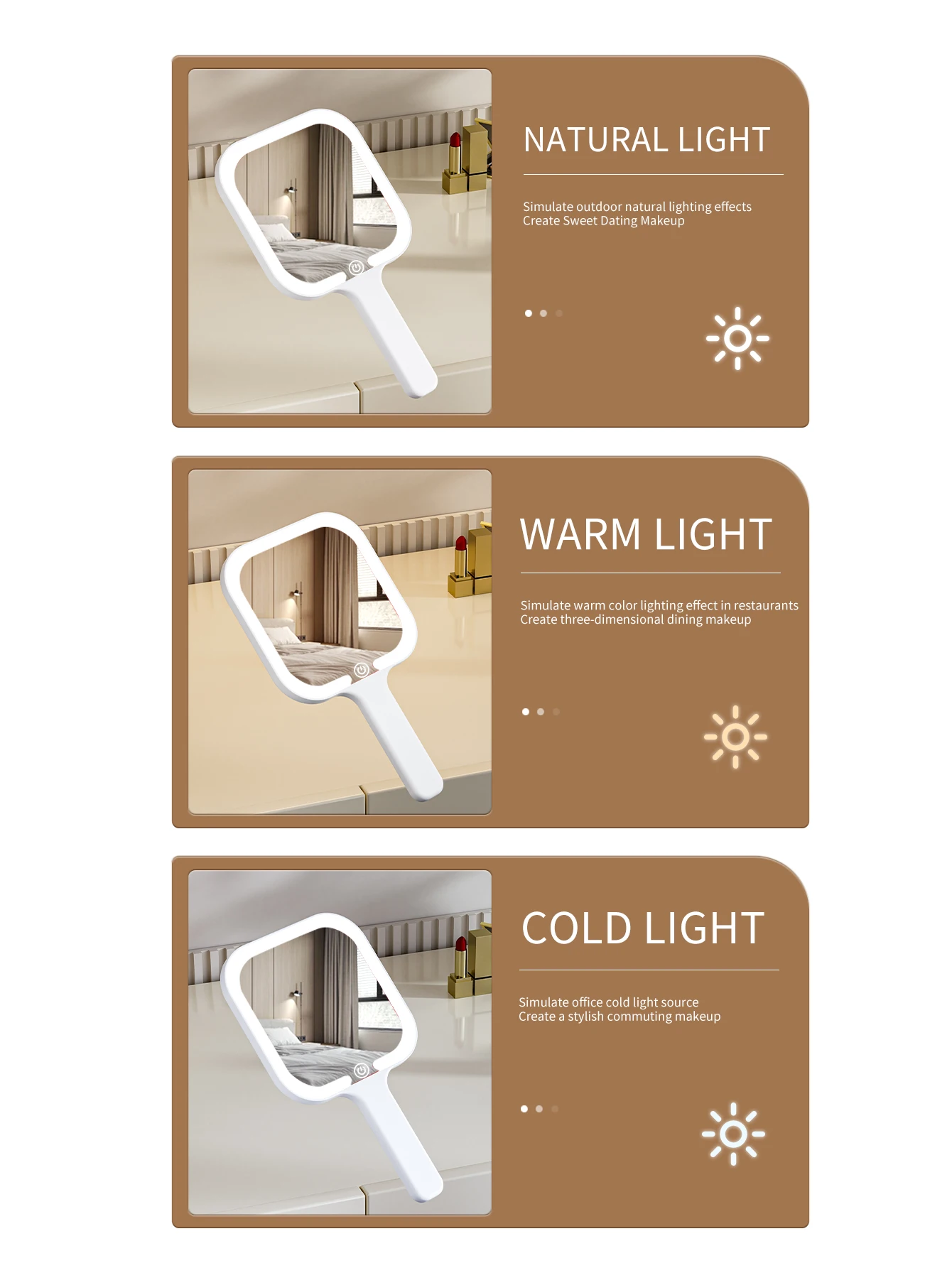 3 Colors LED Smart Makeup Mirror Hand-held Carry with Touch Screen Cosmetic Tabletop Vanty Mirror Travel Home Use Beauty Mirrors