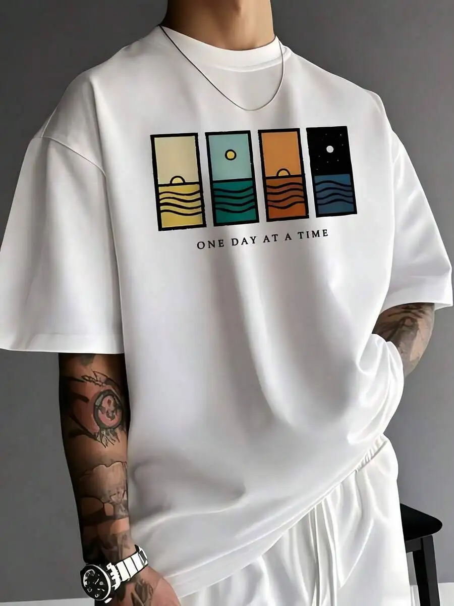 1Pc Man' Abstract Scenes Print White Tshirt Crew Neck Casual Cotton Tee Medium Stretch Knit Fabric Regular Fit For Boys Man 100% Cotton Trendy Y2K Short-Sleeve Tee-Soft, Quick-Drying, Great Gift for Christmas or Halloween.
