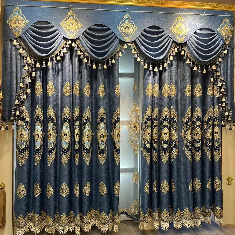 Custom curtain luxury high-grade European blue thick embroidery chenille bedroom blackout curtain tulle valance drape M1557