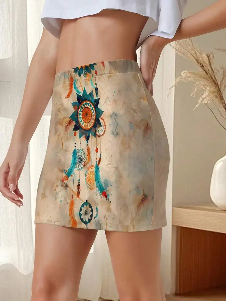 Women Boho Dreamcatcher Watercolor Feather Print Micro Skirt Summer Festival Fashion