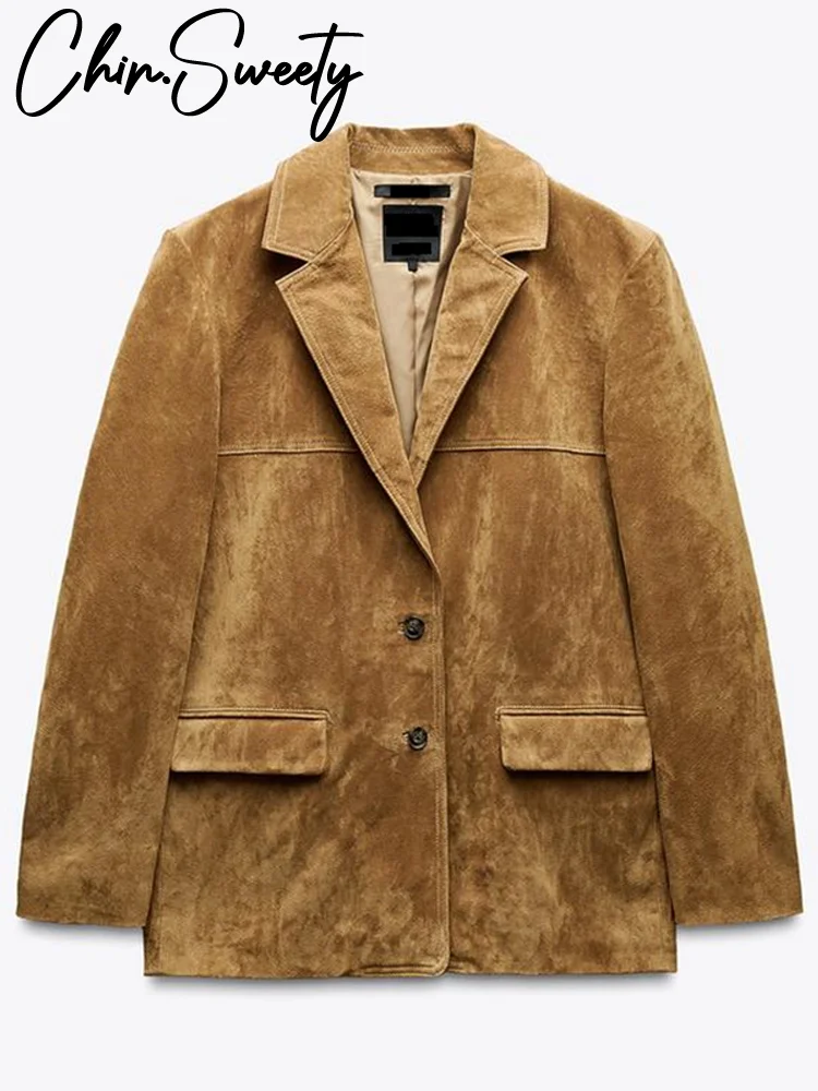 

Vintage Suede Suit Jackets Women Loose Lapel Single Breasted Full Sleeve Female Coats 2025 Autumn New Lady Commute Outwear