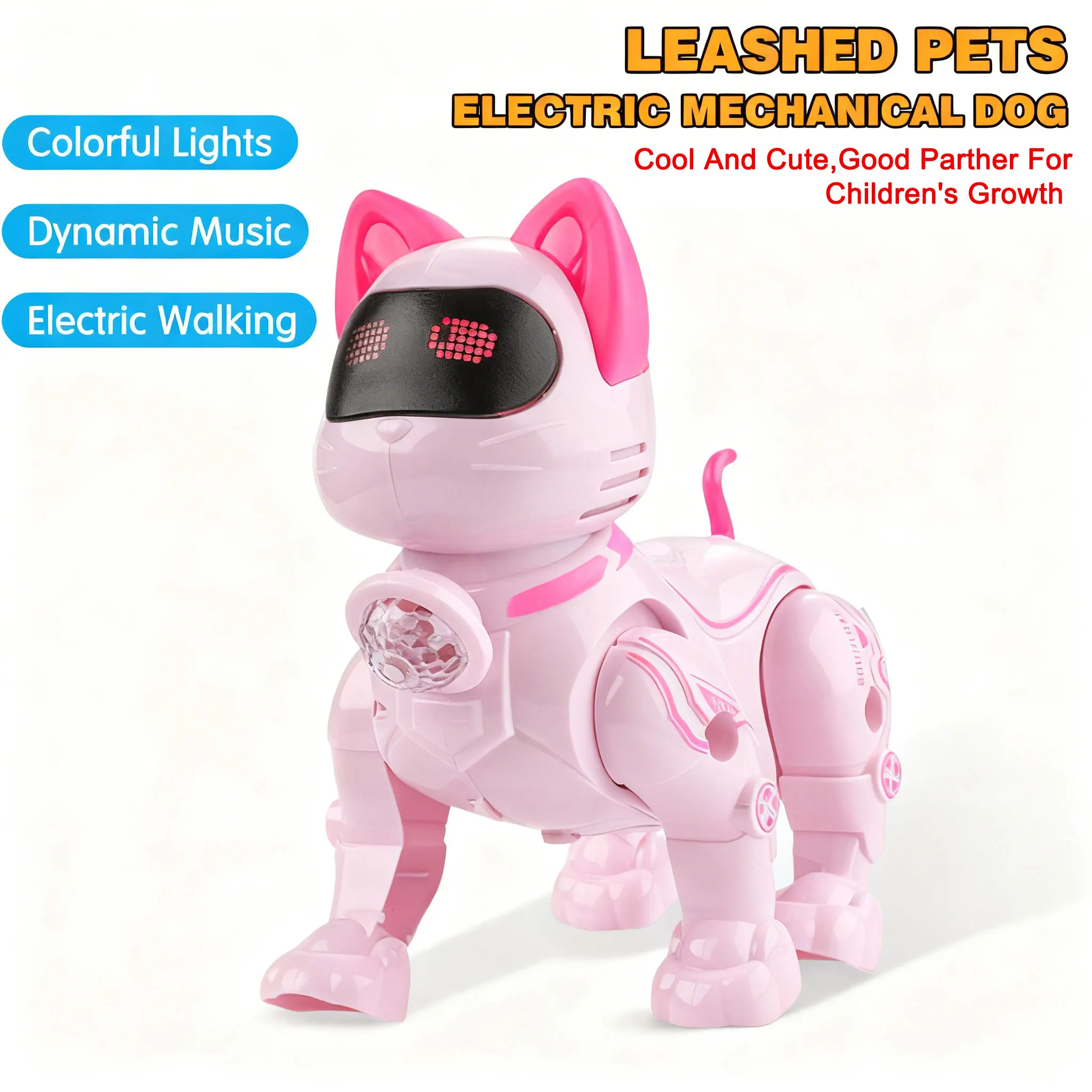 Walking Robot Cat Toy with Pull Leash, 3D Light & Sound Effects, Interactive RC Pet, Perfect Gift for Kids' Imaginative Play