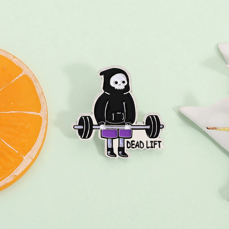 Skeleton Deadlift Weightlifting Enamel Pin Goth Halloween Gym Skeleton Fitness Workout Brooch Lapel Badge Friends Jewelry Gift