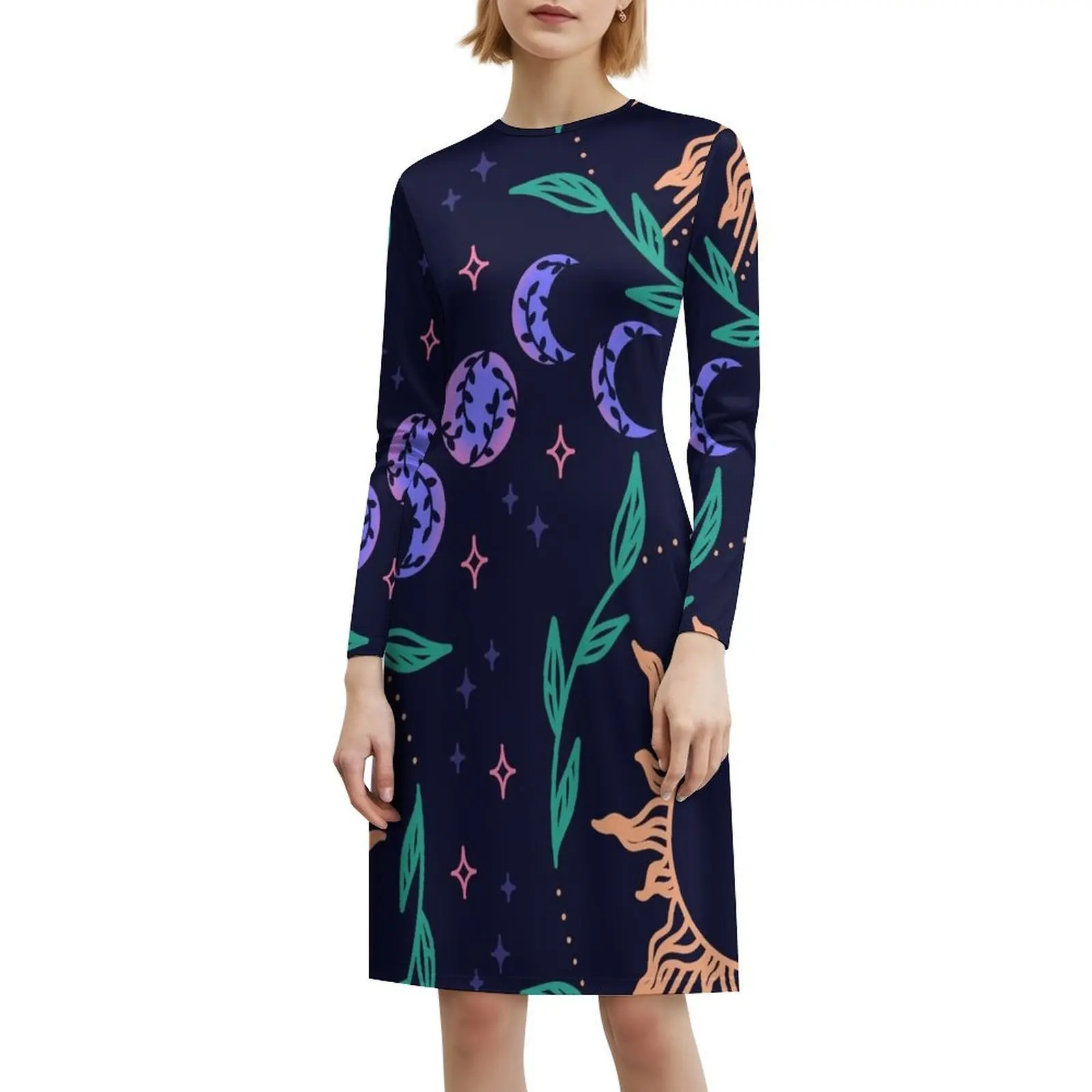 مراحل القمر سلسة نجوم الشمس وأوراق الشجر نمط المرأة الشارع الشهير فستان الحفلات العصرية طباعة نادي الملابس للإناث سلس
