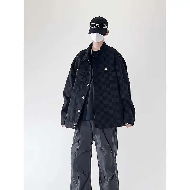 Spring Black Plaid Denim Jacket Men Retro Pocket Denim Jackets Men Streetwear Hip-hop Loose Bomber Jacket Mens Cowboy Coat