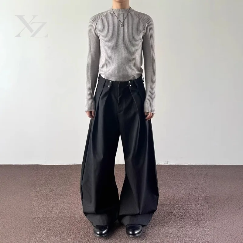 High Quality Men's Cleanfit High Waist Wide Leg Suit Pants Double Buckle Pleated Striped Trousers Streetwear Casual Pants