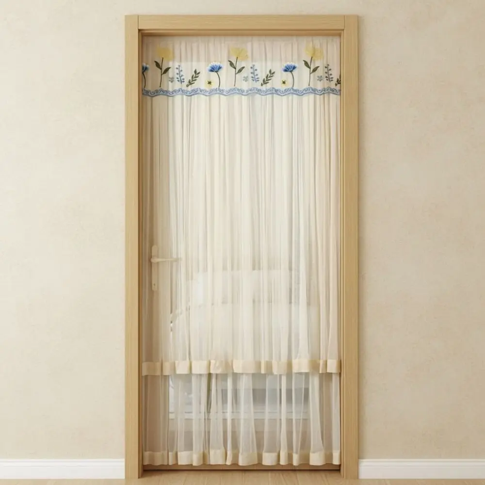 Double Layer Lace Embroidered Door Curtain Punching Free Breathable Mesh Bedroom Partition Curtain Self-adhesive Anti-mosquito