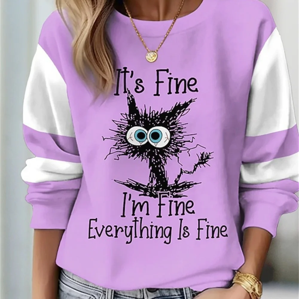 Moletom feminino pulôver poliéster floral gato rua casual vintage esportes básico em torno do pescoço manga longa topo comfrt macio 2026