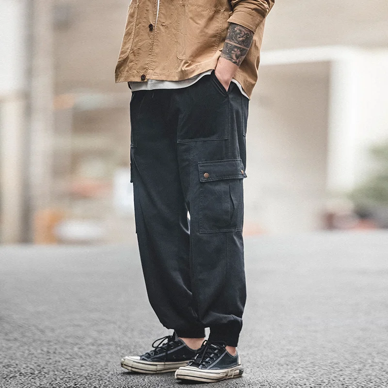 

Maden American Retro Black Functional Leggings Pocket Straight Tube Casual Nine Point Lantern Leggings For Men