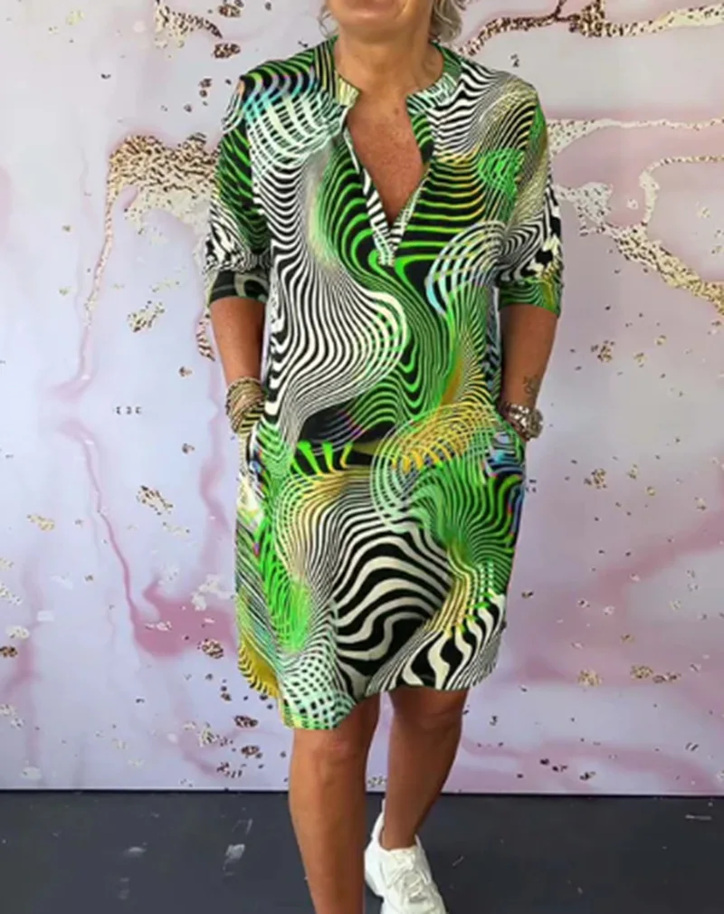 Elegante bedrukte jurk met V-hals en middenmouwen voor dames Nieuwe zomermode Casual losse kantoorvakantie feestjurken Dameskleden