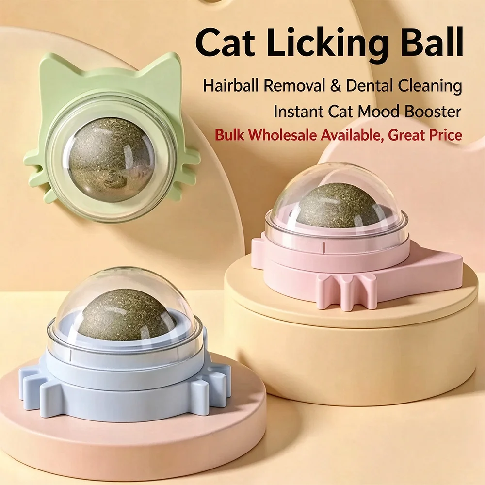 Natural Rotatable Catnip Licking Ball Toy, Wall Stick-on Cat Mint Ball, Healthy Snack for Kitten, Clean Teeth & Help Hairball