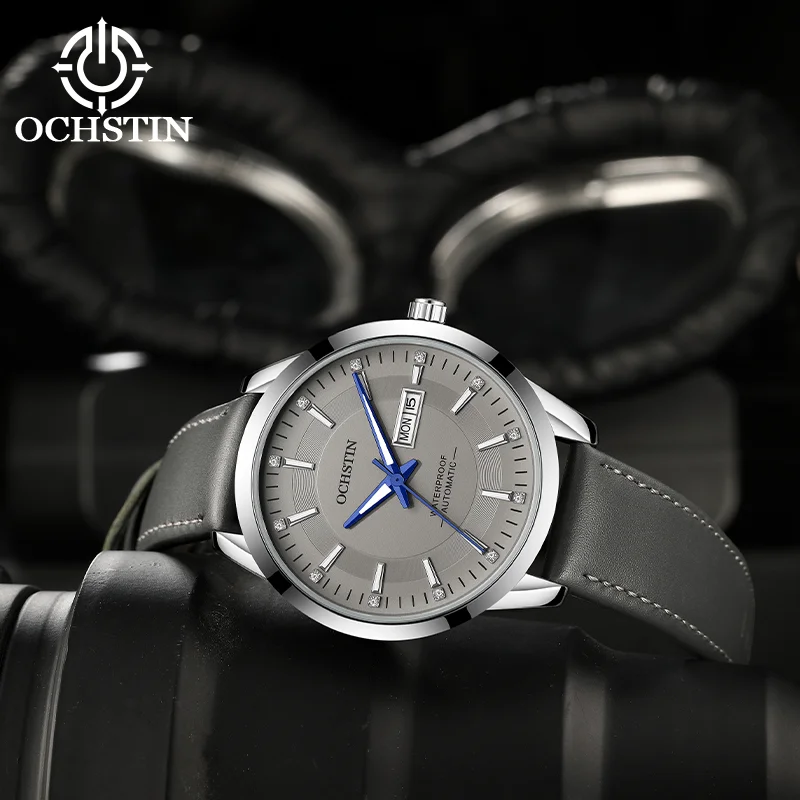 OCHSTIN Automatische mechanische Uhr mit echtem Lederarmband für Herren, Prominente-Kollektion, Dual-Kalender, wasserdichte Uhr
