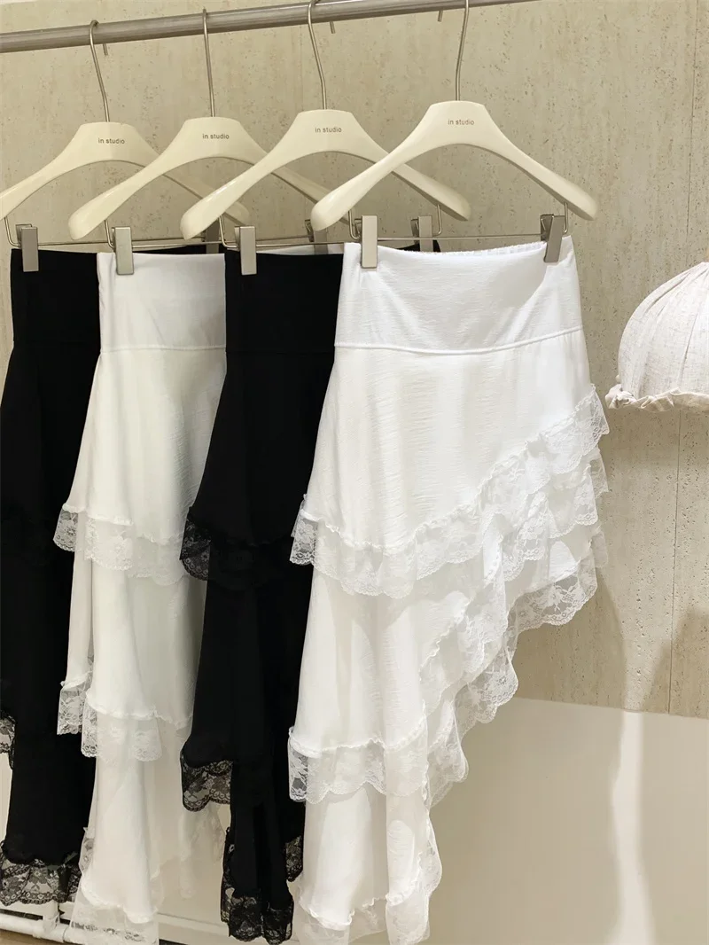 

Women White A-line Lace Skirt Vintage Korean Y2k Skirt Harajuku Korean Streetwear Asymmetrical Skirts 2000s Clothes Summer 2024