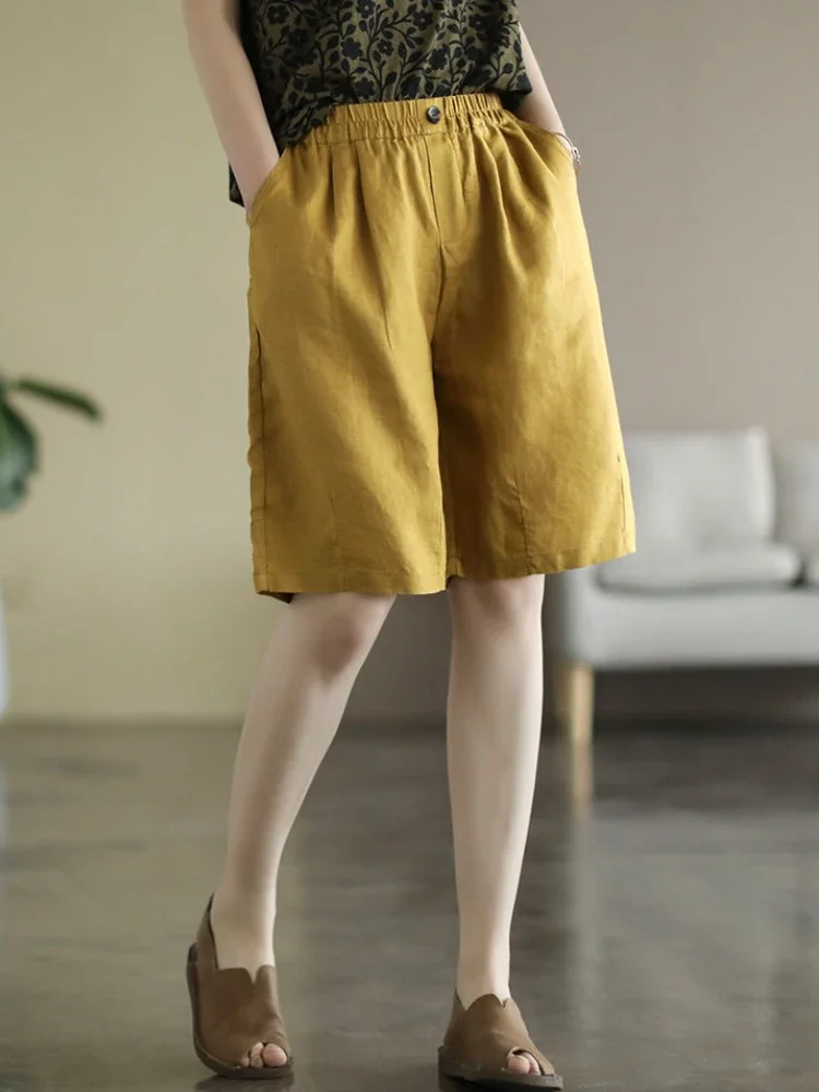 여성 레트로 베이직 신축성 허리 반바지, M-3XL 레저, 5 가지 색상, 통기성, 루즈한 미니멀리스트, 올매치, 여름