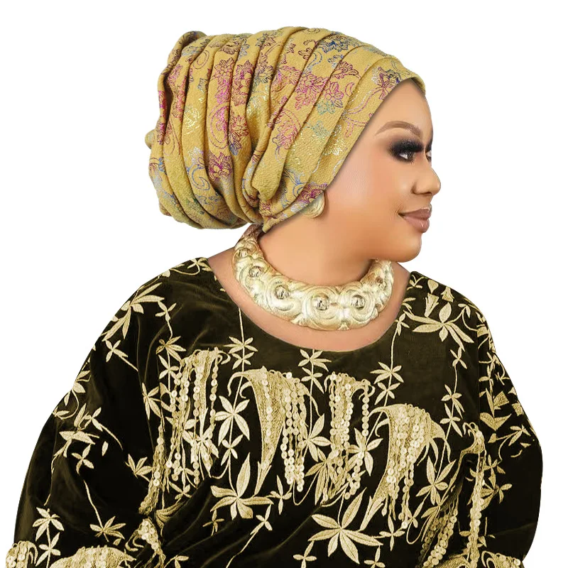 여성을위한 반짝이 전신 Pleated Turban 모자 2025 레이디 헤드 랩 이슬람 Headscarf 모자 Turbante Mujer African Headpiece