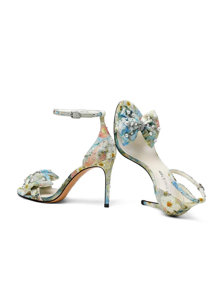 Summer New Colorful Cloth Pearl Chain Water Diamond Bow Strap Sandals Party Dress Versatile Leather Fine Heels Women's Shoes
