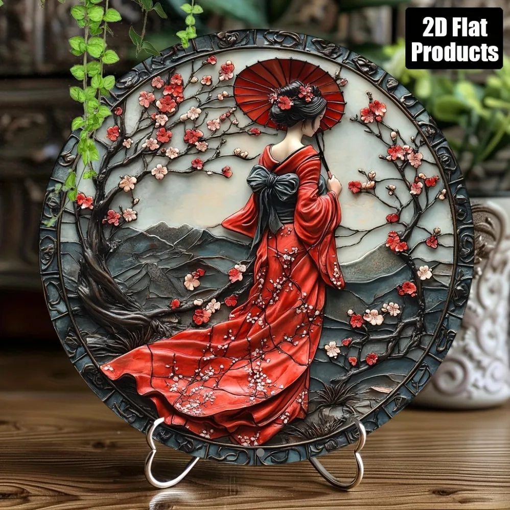 Vintage Round Metal Tin Sign, Japanese Geisha Red Kimono Plum Blossom Mountain Relief Home Wall Decor Plaque