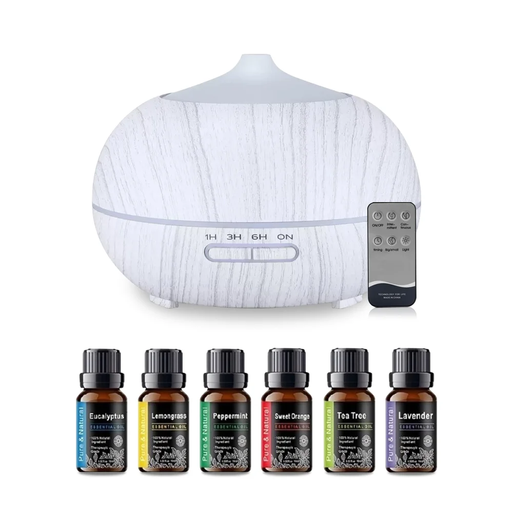 

Набор диффузоров для ароматерапии под дерево с 6 эфирными маслами, 550 мл, пульт дистанционного управления, 7 цветов, светодиодный ультразвуковой увлажнитель для помощи во сне