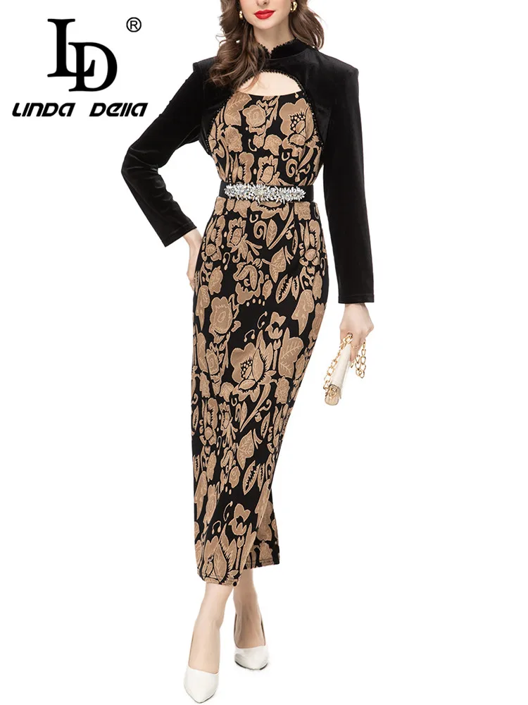 

LD LINDA DELLA Autumn New Style Runway Vintage Dress Women's Long Sleeve Splice Print Extravagant Beading Hollow Out Belt Dress