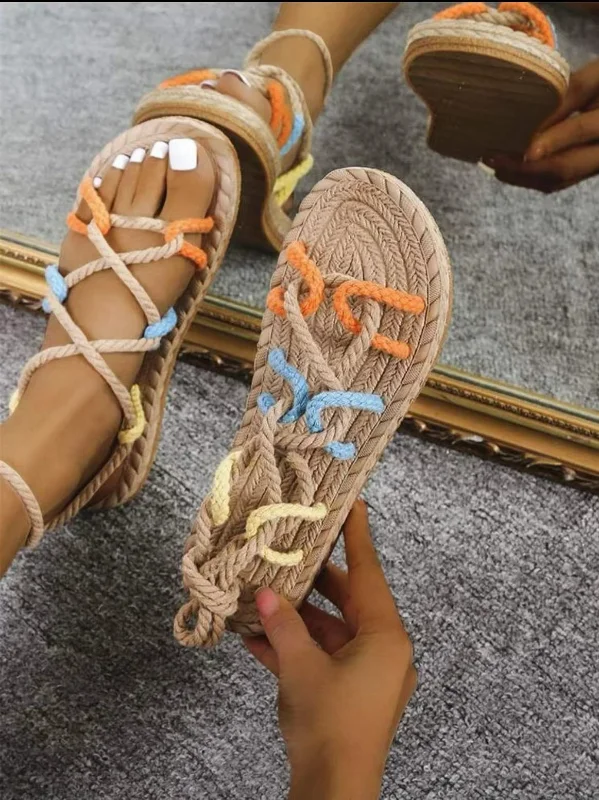 2023 Summer New Women Roman Sandals Retro Braided Rope Round Toe Open-toed Ladies Shoes Casual Non-slip Flat Beach Sandals