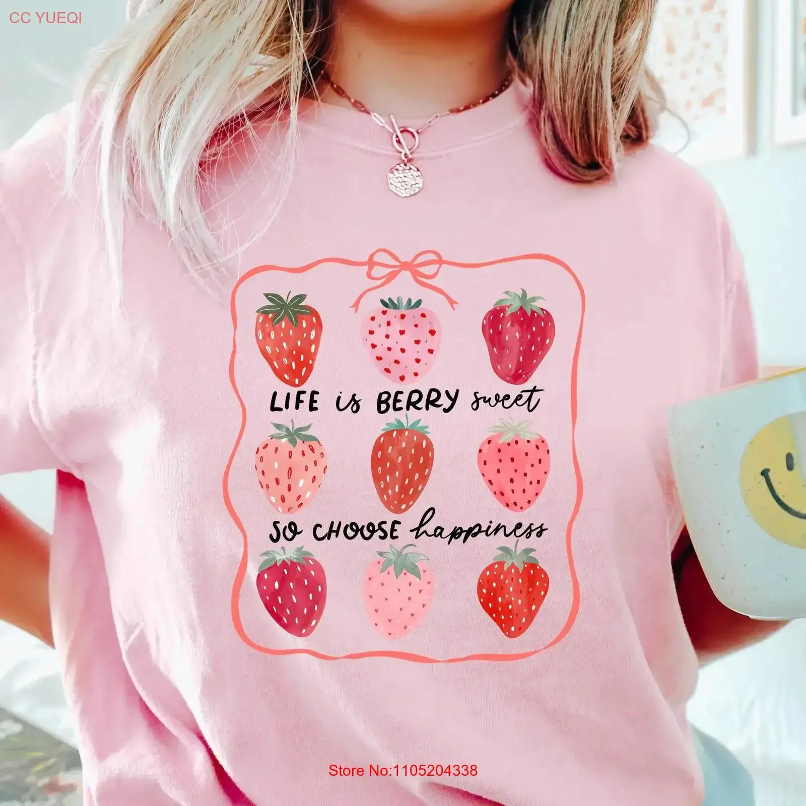Life Is Berry Sweet So Choose Happiness Strawberry T Shirt for Her Coquette Pink Bow Ribbon Crewneck vintage Washed streetwear
