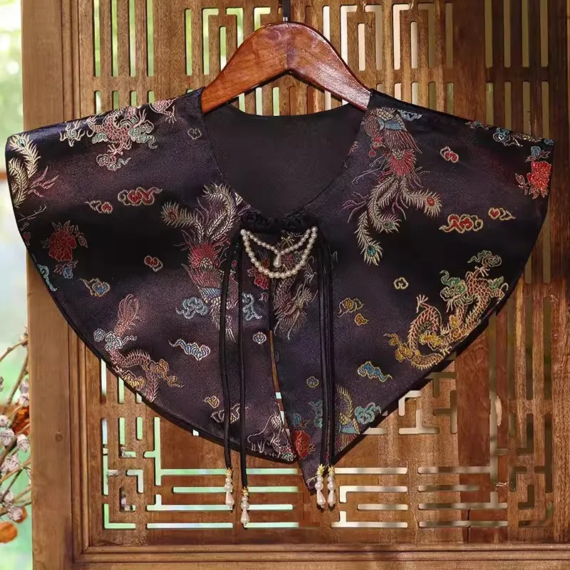 

Women's Spring Summer Vintage Black Jacquard Pashmina Female Autumn Winter Chinese Vintage Shawl Cloak Collar R316