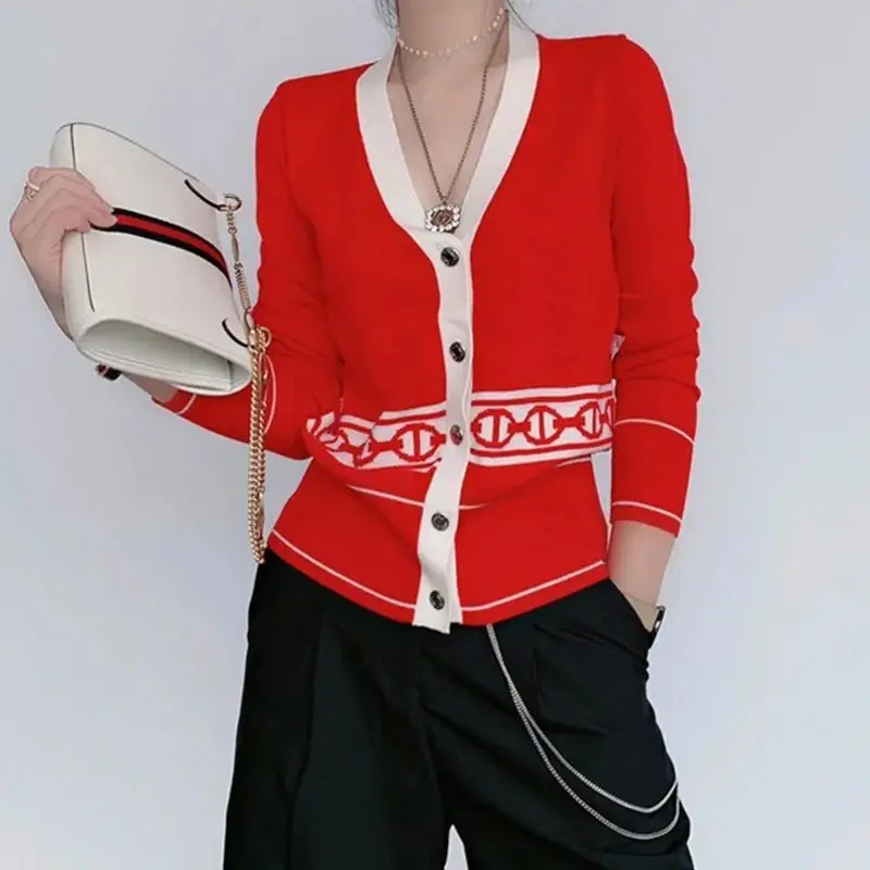 Clothes for Women Korean Fashion Print Luxury Elegant Button Cardigan Sweater Female V Neck Long Sleeve Slim Chic Knitted Jacket