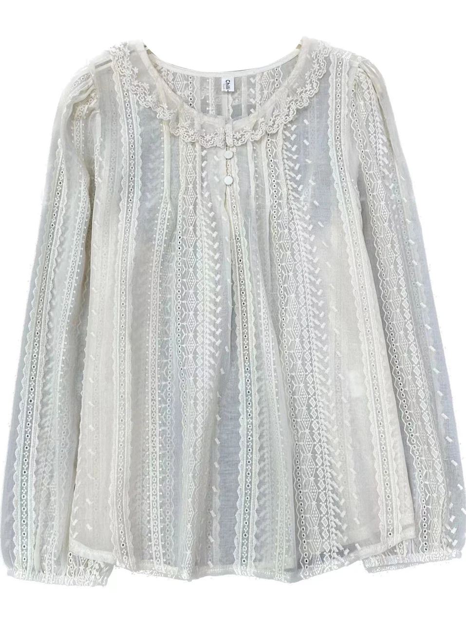 Chic Korean Style Lace Shirt Women's round Neck Splice Ear Look Upper Body Sweet Style Early Spring New Fashion