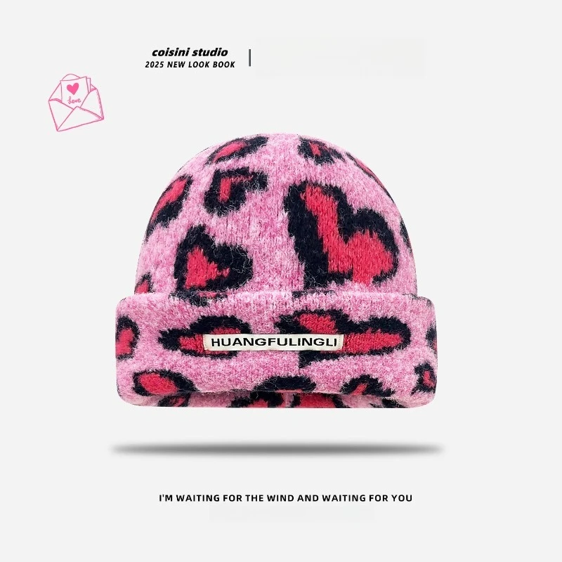 الكورية الخريف والشتاء شخصية الرجعية الحب ليوبارد طباعة البلوز القبعات للنساء الدافئة متماسكة Skullies Beanies #2