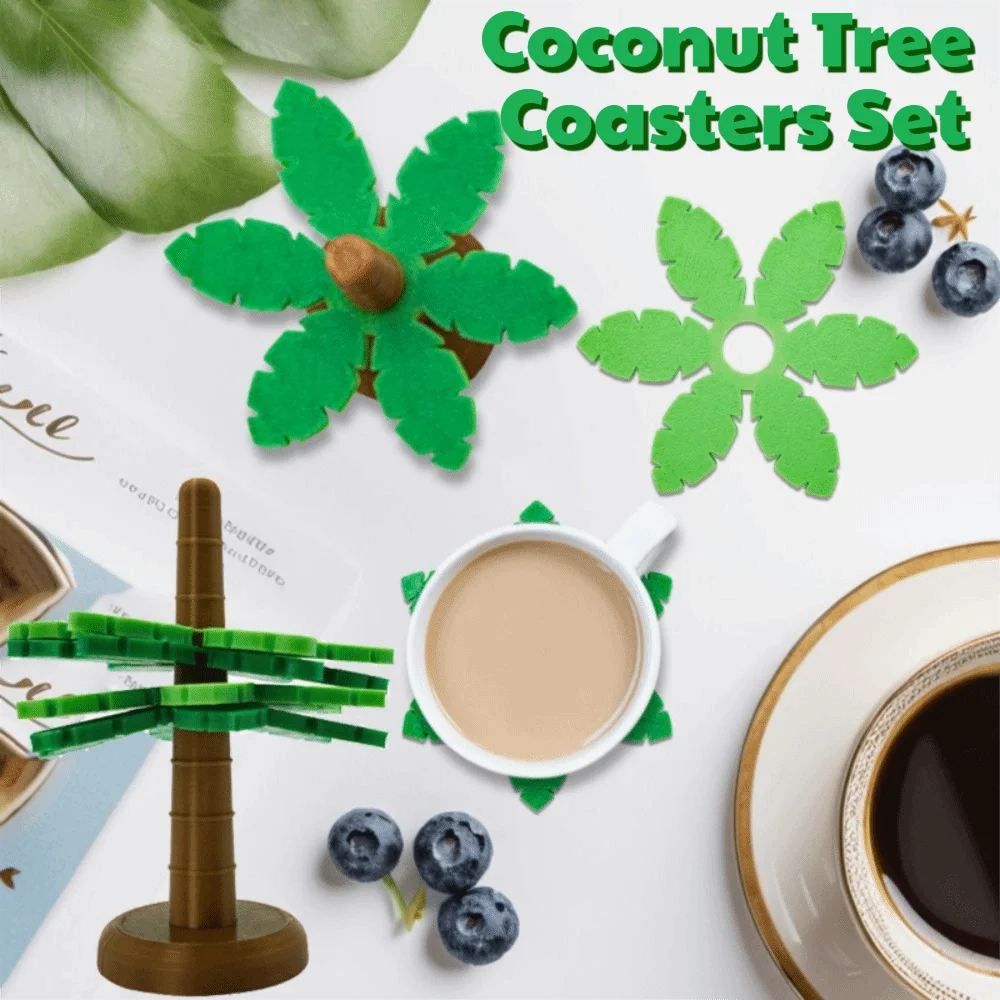 

4Pcs Heat-Resistant Coconut Tree Coasters Set with Flowerpot Stand Non-Stick Plastic Drink Mat Decorative Table Protection