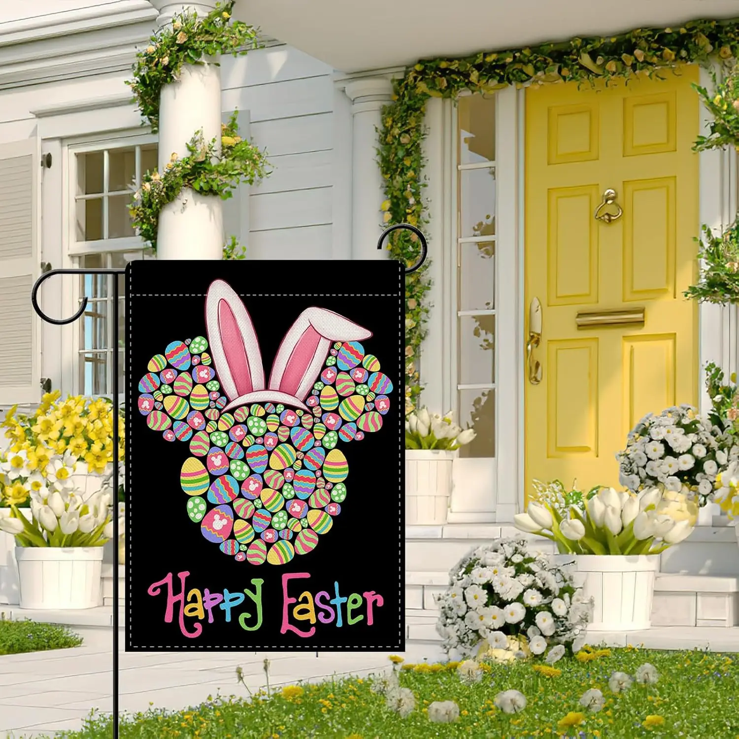 Dyrenson Happy Easter Decorative Garden Flag, Easter Egg Bunny Ears Black Yard Outside Home Decorations, Spring Burlap Outdo EEZ