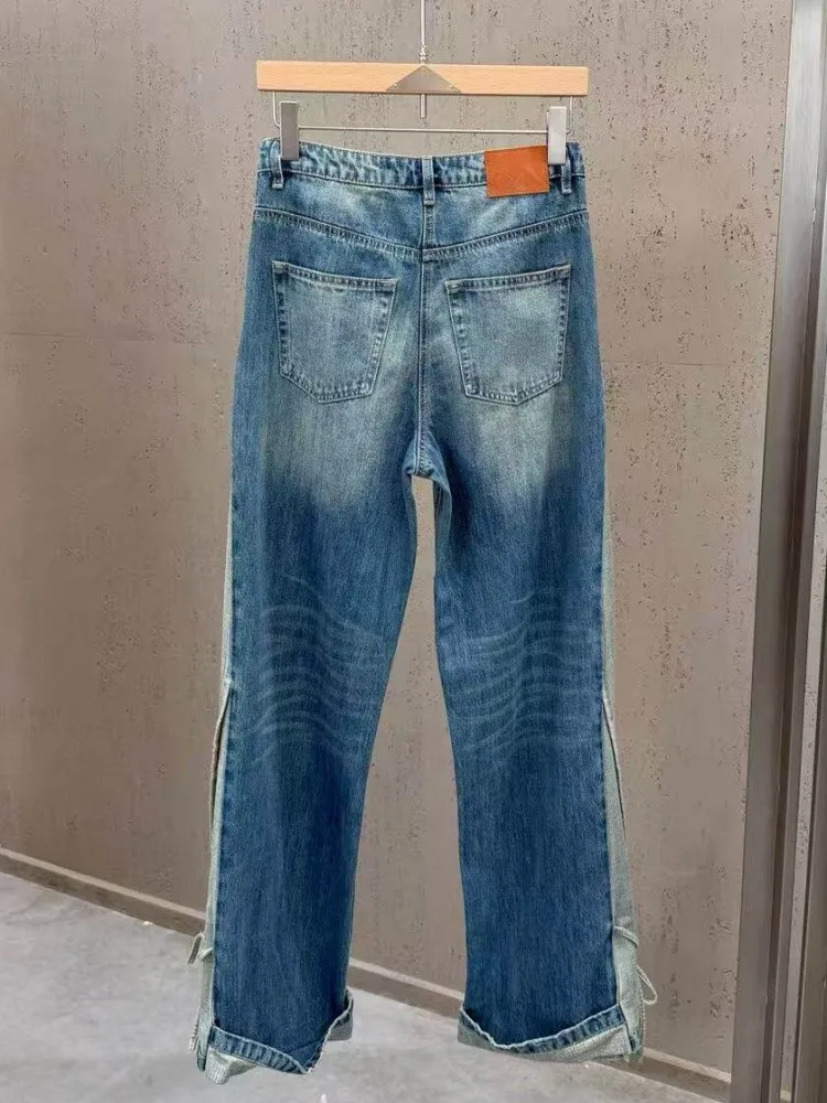 High Street Women Mixed Colors Denim Pants Fashion Bowknot High Waist Wide Leg Jeans Spring Summer New Female Casual Trousers