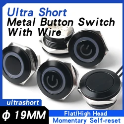 19MM Ultra Short Metal Push Button Switch With Wire 1NO Momentary Self-Reset Oxidized Black With LED Light 6V24V