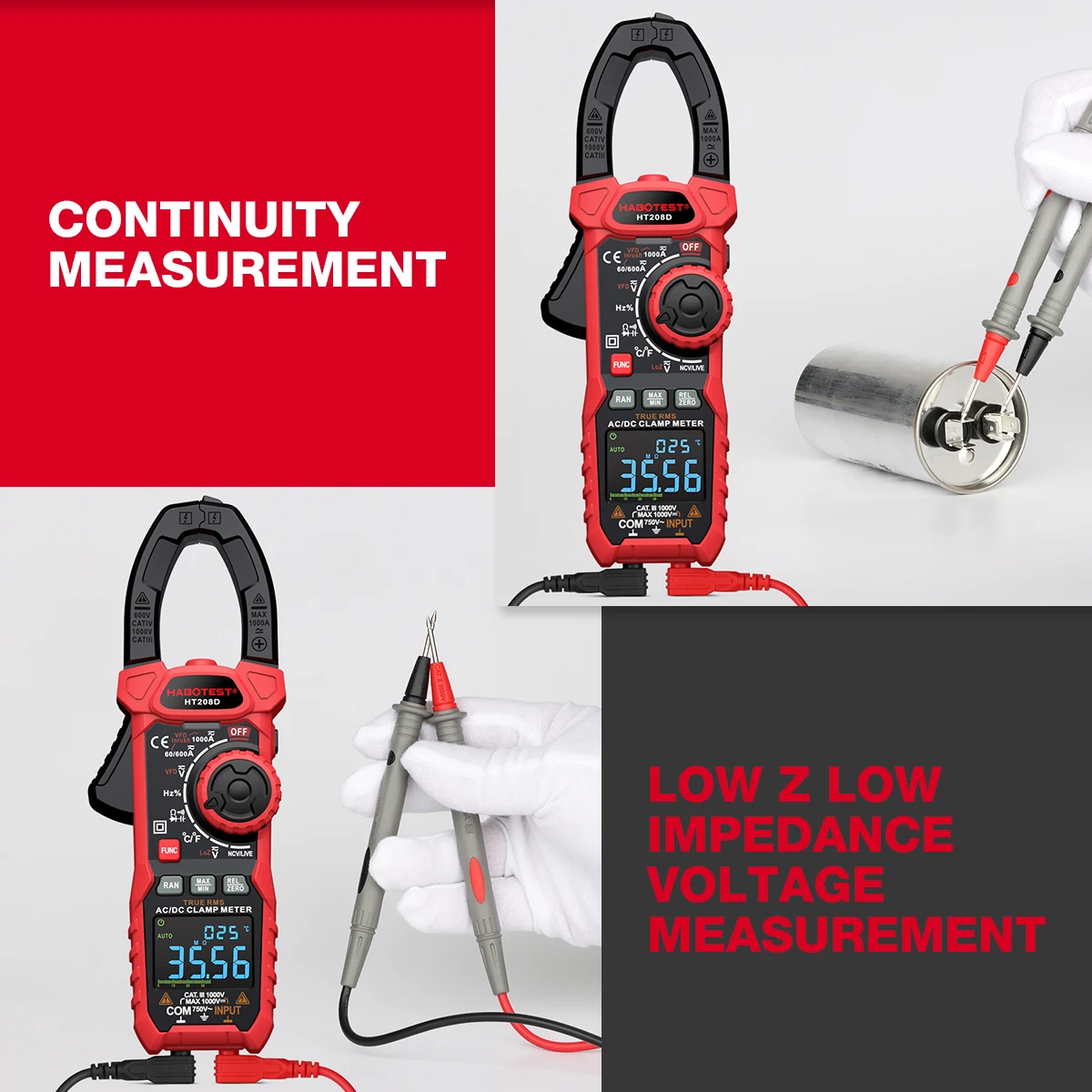 HABOTEST HT208 pince multimètre numérique 1000A 1000V AC/DC multimètre True RMS ampèremètres capacité Ohm Hz NCV testeur multimètre