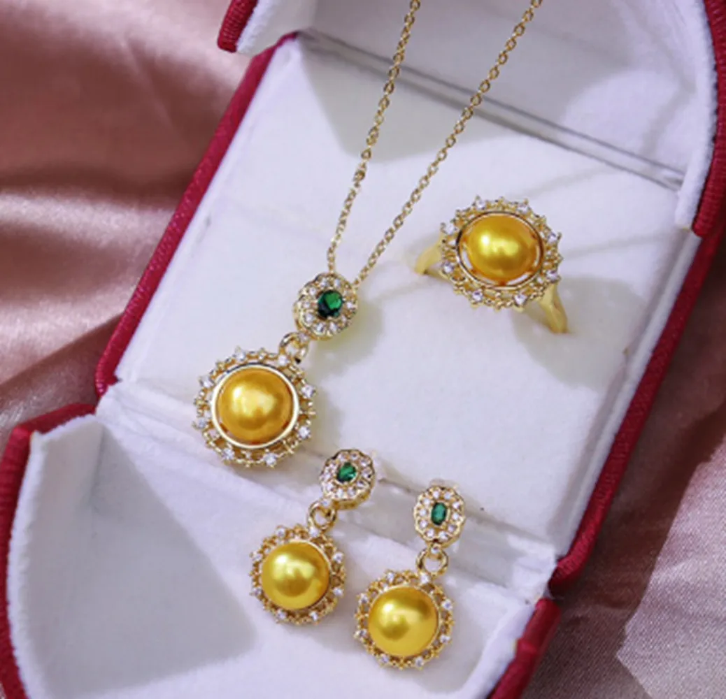 

18KGP Natural 7-9mm Yellow Pearl Pendant Necklace +Earring +Ring Set AAA