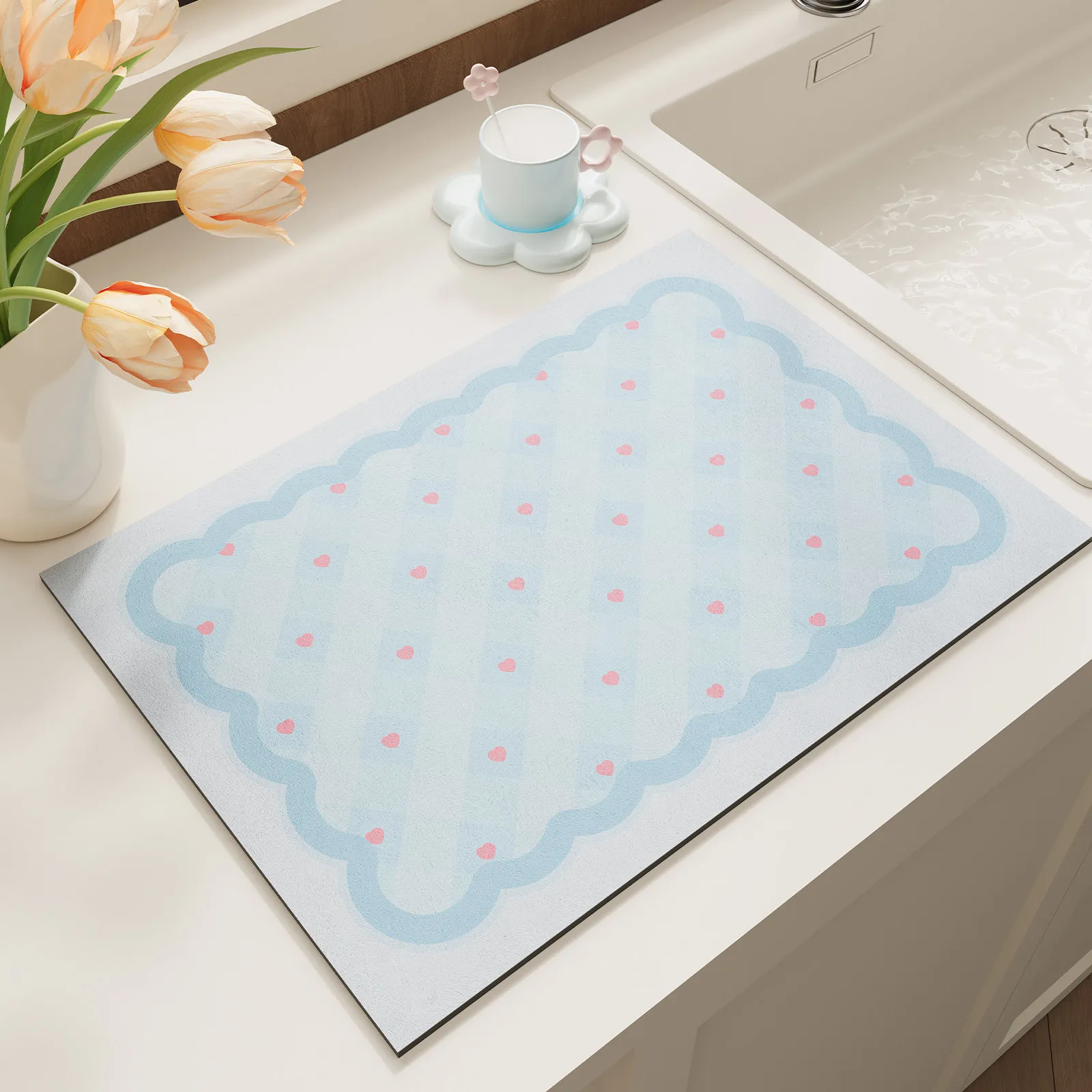 VIKAMA Cute Pink Heart Wave Edge Drying Mat Light Blue Quick Dry Non Slip Dish Pad For Kitchen Sink Cup Tableware Kitchen Mat